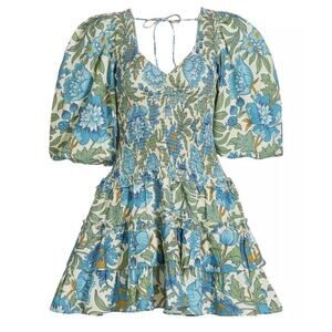 Love The Label Audrey Mini Dress Blue Floral Cotton Puff Sleeve Tiered Sz Small